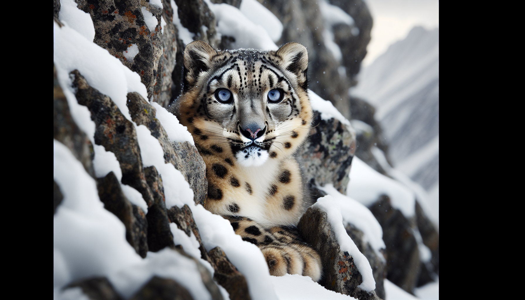 Snow leopard camouflaged among rocky terrain