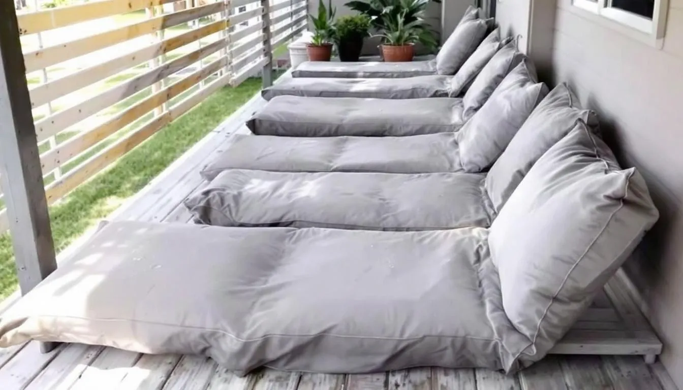 The image shows colourful outdoor lounge cushions neatly arranged on a covered deck, drying in the sun after being cleaned. This comfortable outdoor space is perfect for relaxing with family and friends, enhancing the outdoor elegance of any backyard.