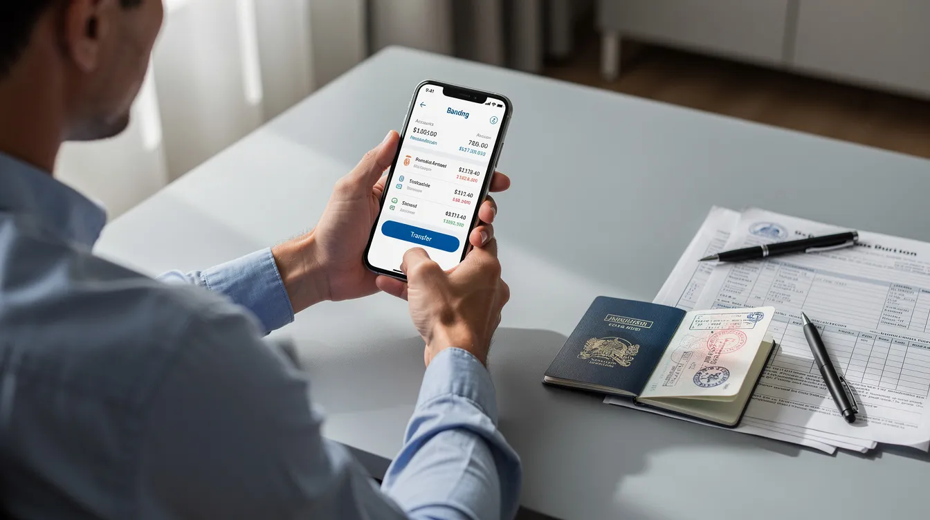 A person is sitting at a desk, using a smartphone banking app to manage their finances, with a passport and various documents placed nearby. This scene suggests they may be preparing for international money transfers or handling financial transactions related to sending money overseas.
