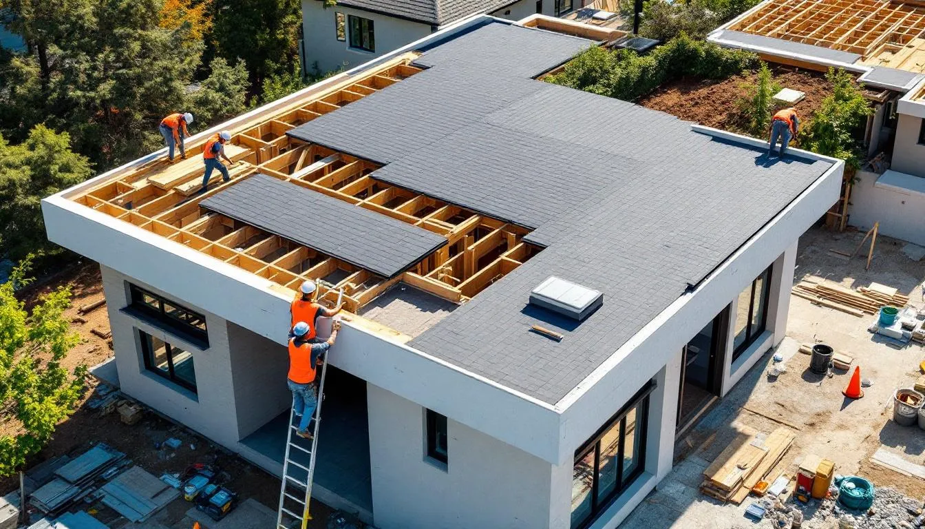 The image depicts a modern house with a team of roofing contractors actively installing a new roof, showcasing the roof replacement project in progress. The scene highlights the use of various roofing materials, such as asphalt shingles, as the workers focus on ensuring a secure and efficient roof installation.