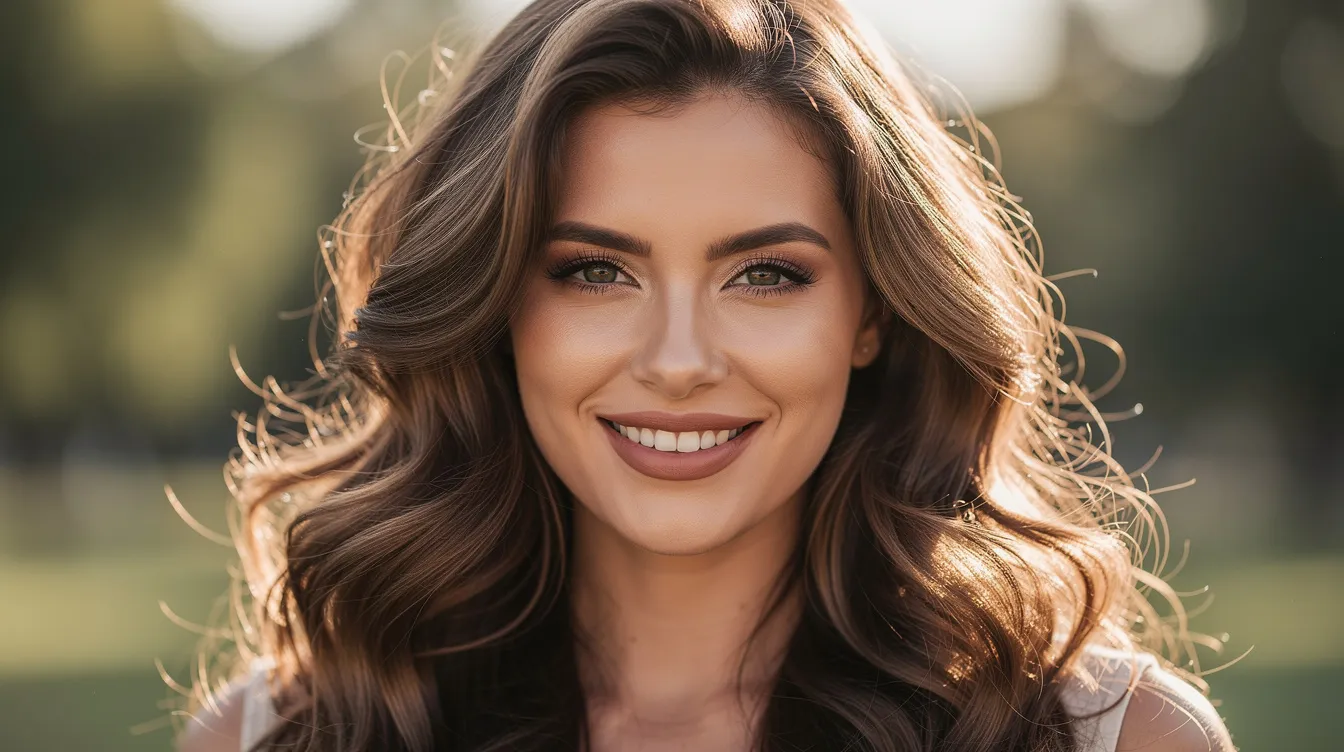 A woman with voluminous wavy hair smiles confidently in natural light, showcasing her beautifully styled locks. The image highlights the effects of a proper blow dry technique, adding maximum volume and texture to her hair.