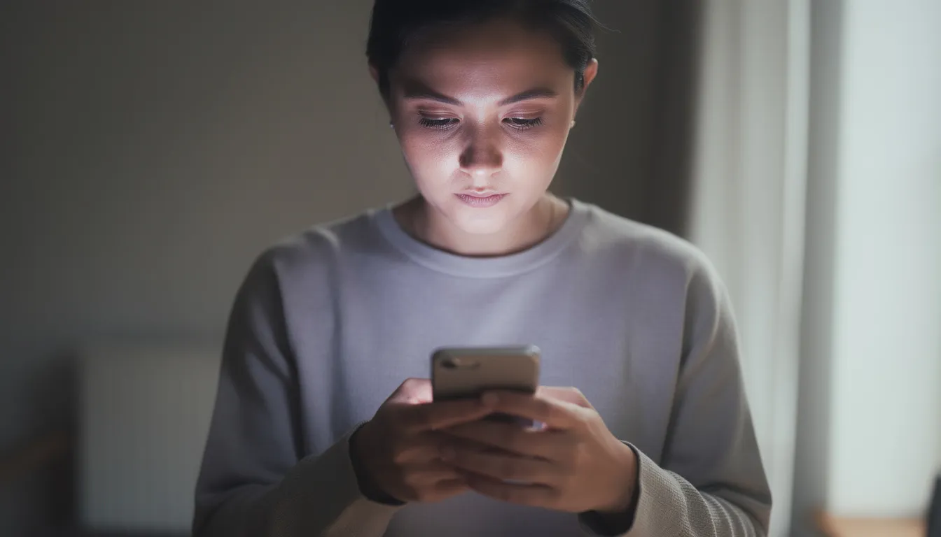 A person with a thoughtful expression is gazing at their smartphone screen, possibly contemplating their relationship satisfaction or life goals. This moment reflects the importance of communication and understanding in healthy relationships, as they consider their feelings and expectations for the future.