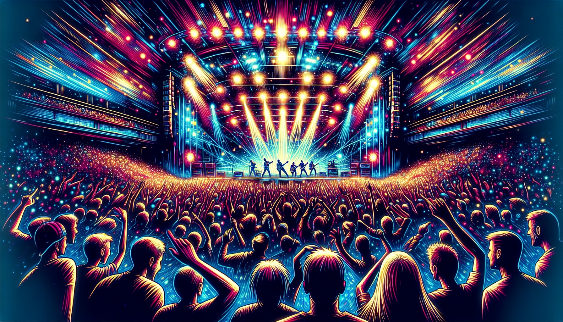 A colorful illustration of a crowded concert venue