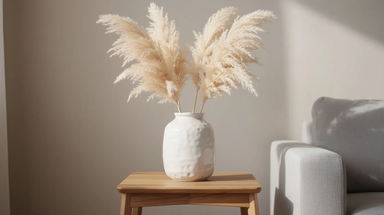Een handgemaakte vaas met gedroogde pampasgrastakken staat op een houten bijzettafel, wat rust brengt in een japandi interieur. De japandi stijl en strakke lijnen passen bij de minimalistische inrichting, met warme, neutrale kleuren.