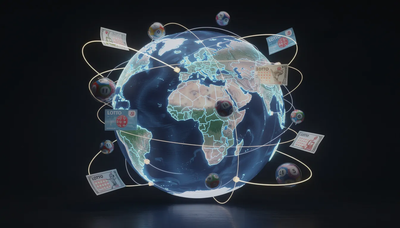 En glob med anslutande linjer visar olika länder och symboler relaterade till lotteri, vilket skapar en känsla av globalt spelande och möjligheter. Denna bild förmedlar hur lottospel kan koppla samman människor över hela världen.