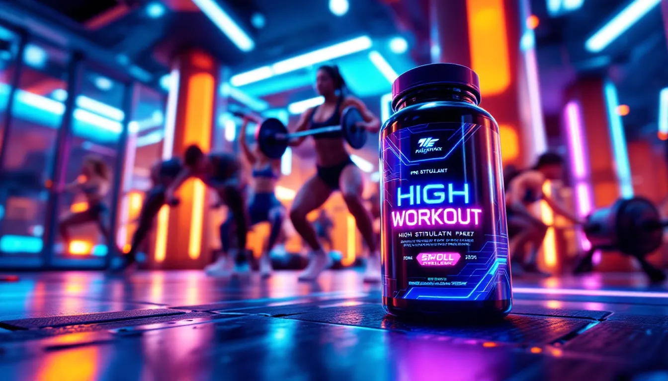 An illustration showing a high stimulant pre workout supplement in a blurred background.