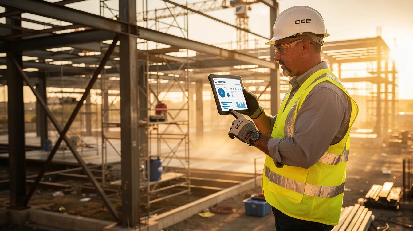 A construction supervisor stands near a steel framework on a construction site in Central Texas, holding a tablet to review safety data and ensure compliance with OSHA regulations. This active role emphasizes the importance of safety management and training to prevent incidents and support workers' health in the workplace.