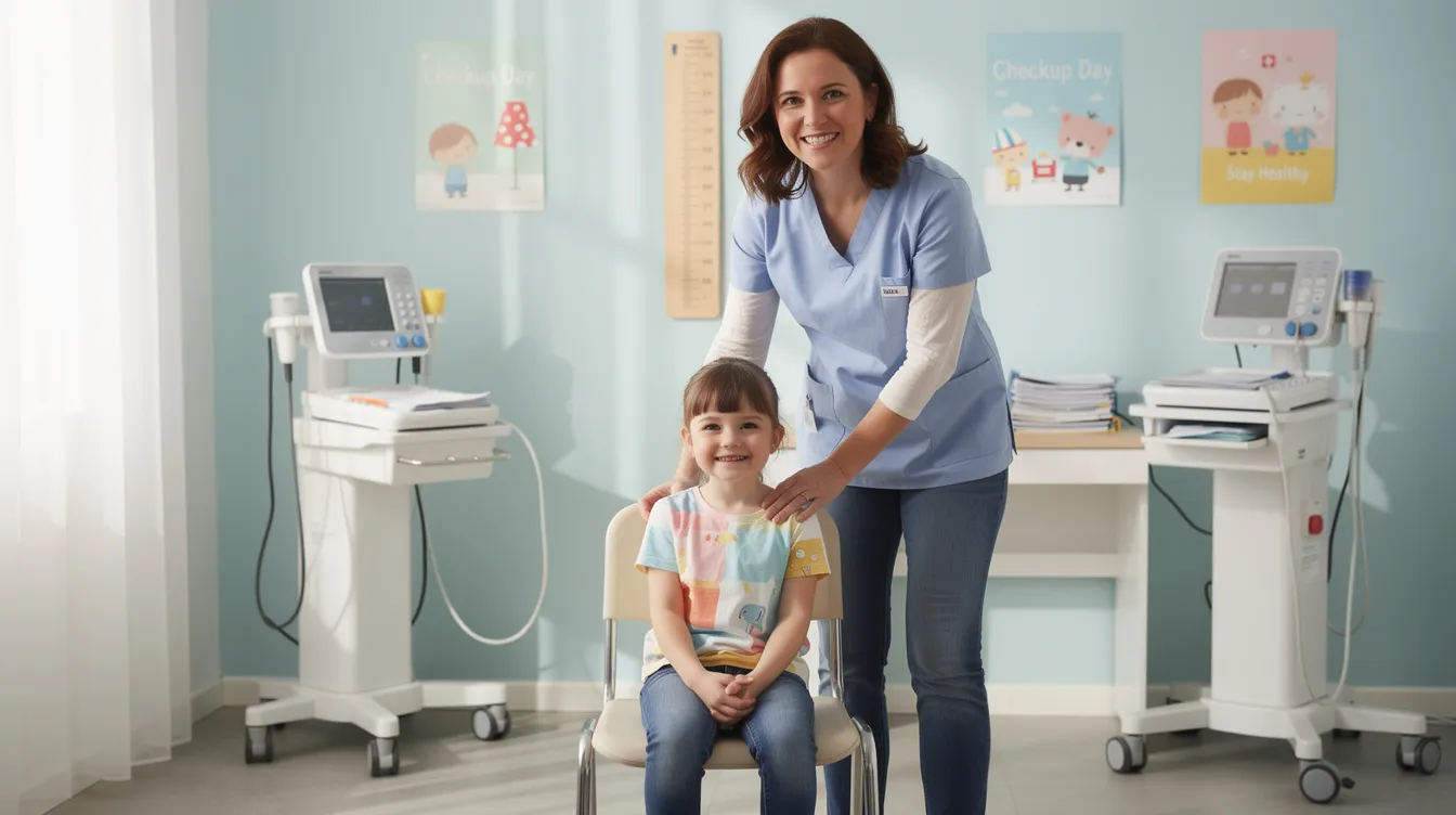 A child sits calmly in a chair, smiling alongside a parent in a bright and welcoming clinical room, where they may be engaging in neurofeedback training or brain mapping to enhance brain function and well-being. The atmosphere is supportive, highlighting the importance of mental health and self-regulation.