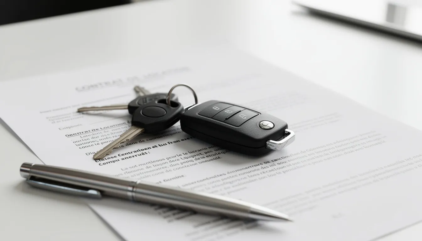 L'image montre des clés de voiture posées sur un contrat de location, accompagné d'un stylo, suggérant une transaction pour louer une voiture. Ce visuel évoque l'importance de la sécurité et des tarifs lors de la prise en charge d'un véhicule.