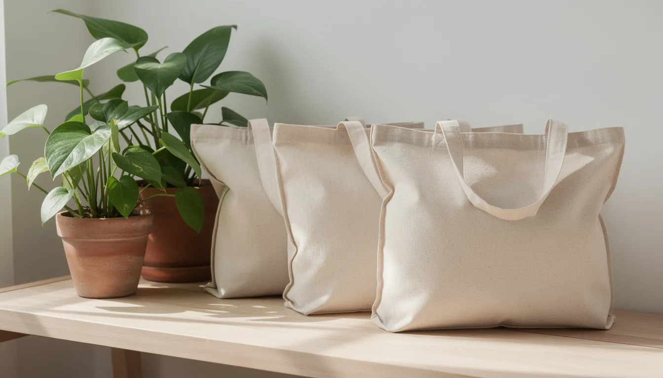 Na zdjęciu widoczne są naturalne torby bawełniane w kolorze ecru, ułożone obok zielonych roślin doniczkowych. Torby te są wykonane z bawełny organicznej, co podkreśla ich ekologiczny charakter oraz praktyczność w codziennym użytkowaniu.