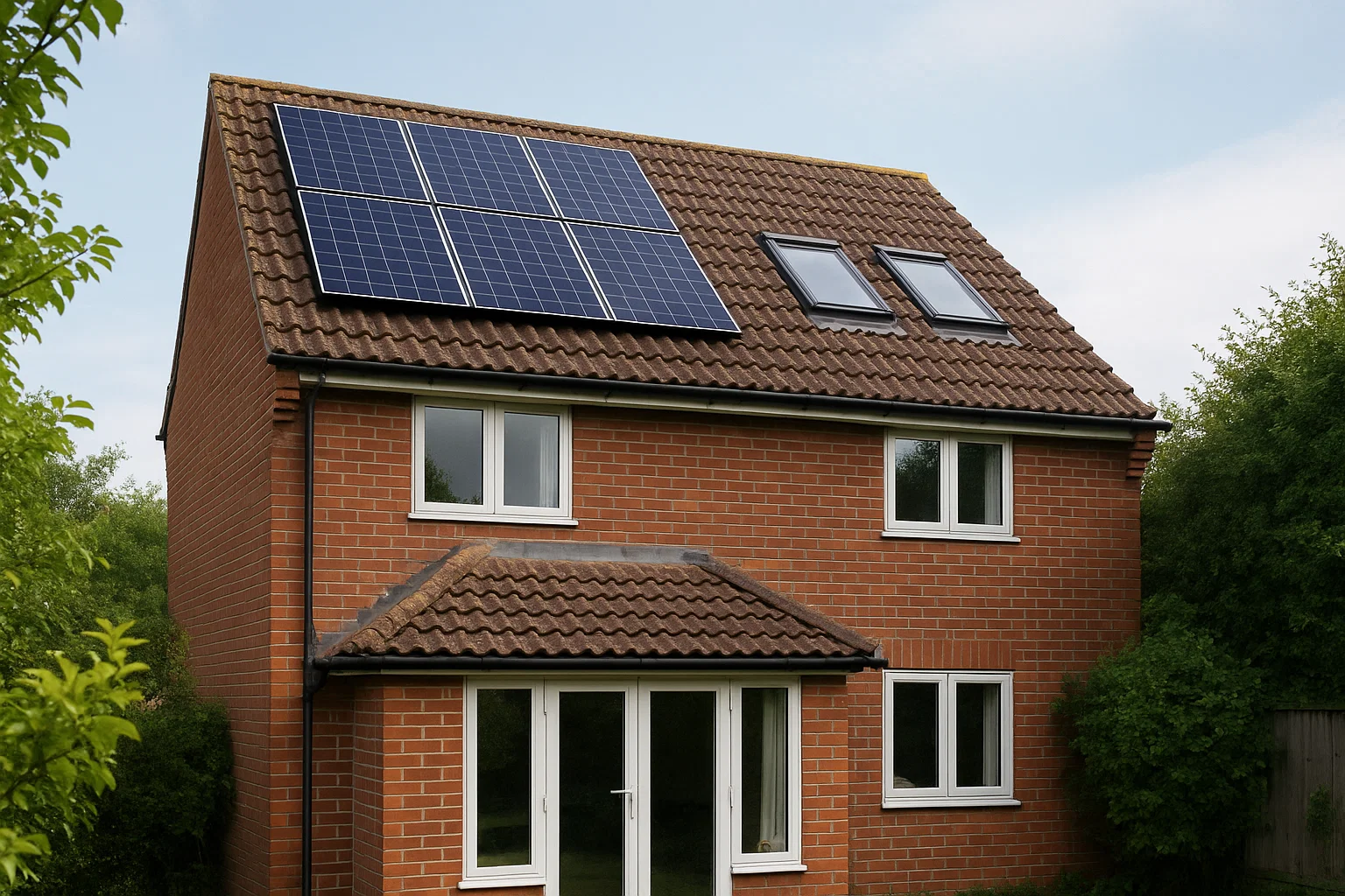 Solar panels and roof lights fitted on a UK residential roof.
