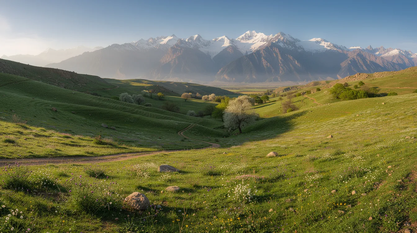 A panoramic view showcases a lush green valley framed by the snow-capped Atlas Mountains under a clear blue sky, typical of Morocco in April. This stunning landscape invites outdoor adventures and highlights the country's rich history and vibrant culture.