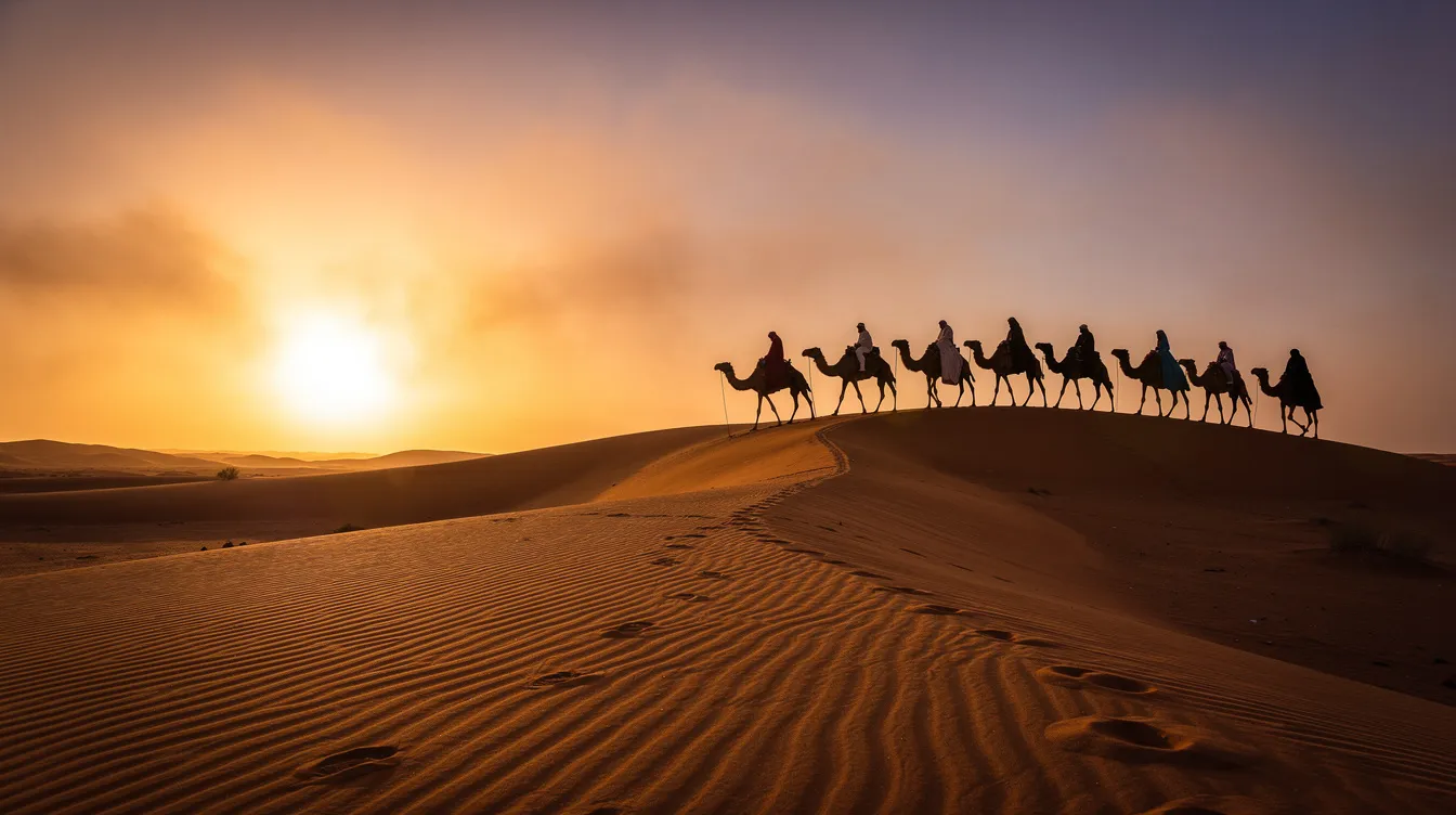 The image depicts golden sand dunes of the Sahara Desert at sunset, with the silhouettes of camels and their riders crossing a ridge, creating a stunning landscape. This scene captures the essence of a memorable camel trek, showcasing the breathtaking beauty of southern Morocco during an unforgettable journey.