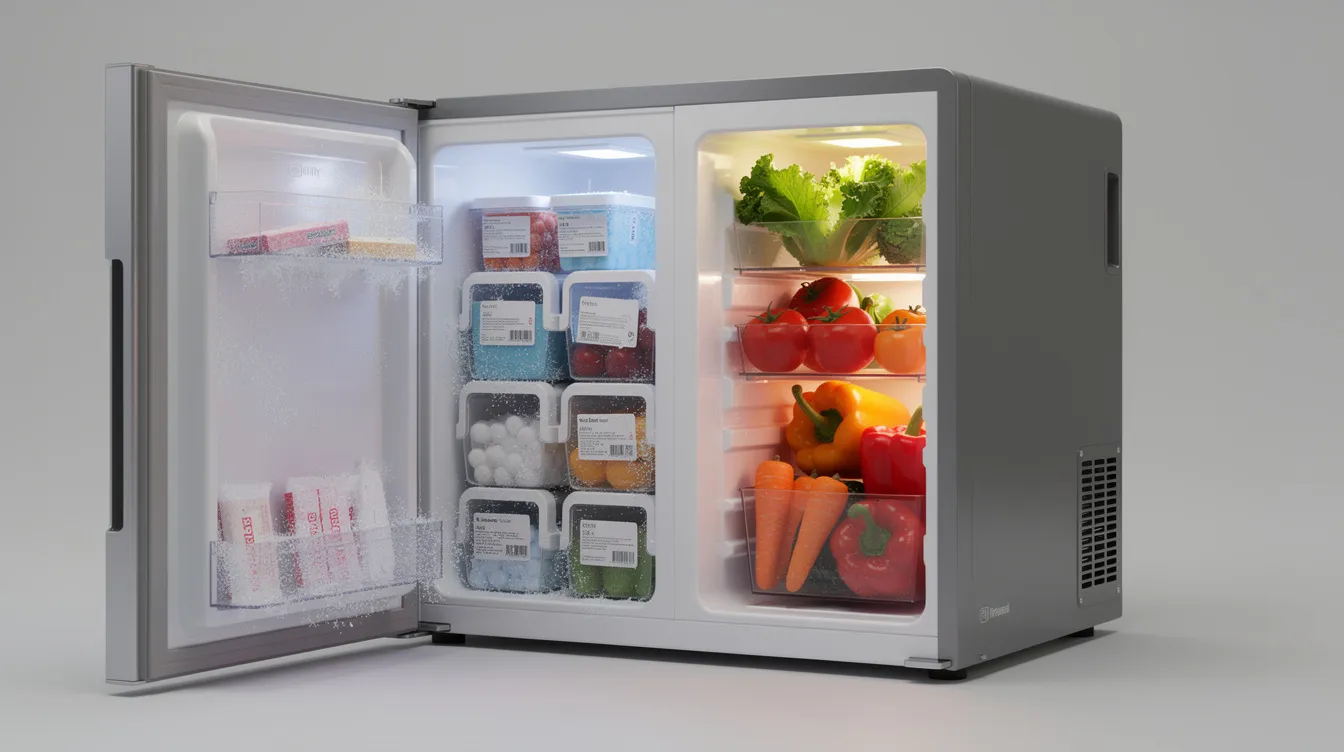 The image shows a compact dual-zone portable fridge, with one compartment filled with frozen items like ice and the other showcasing fresh vegetables, highlighting its efficient use for camping trips. This energy-efficient portable refrigerator is designed to keep food and beverages cold, making it ideal for longer road trips or outdoor adventures.