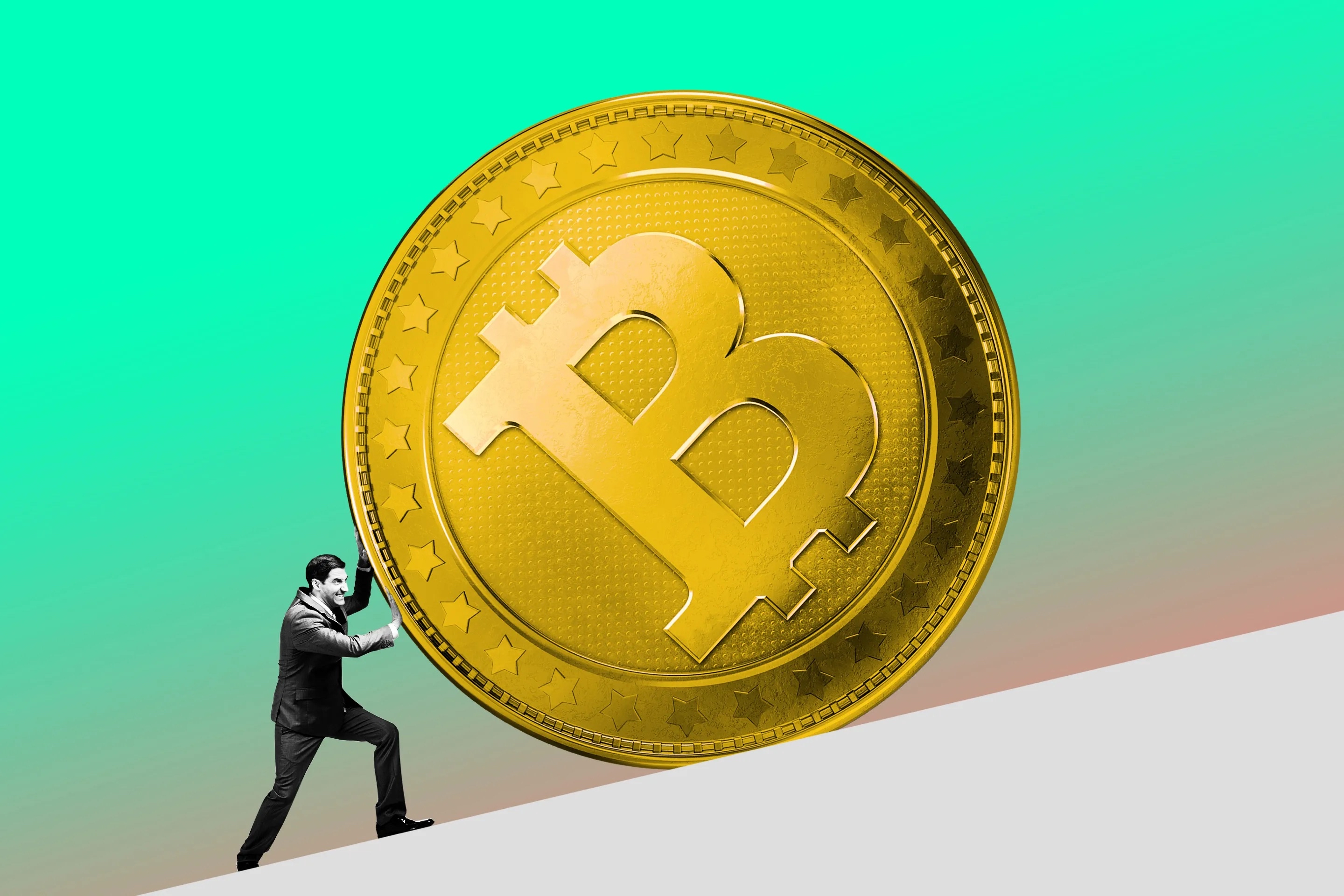 wheel - Corporate finance - digital asset treasuries - institutional investors - fiat currencies - crypto holdings – companies – cash – market – bitcoin – blockchain – blockchain technology – crypto assets – decentralized finance – digital assets - ethereum An image of a man rolling a large Bitcoin wheel up a hill.