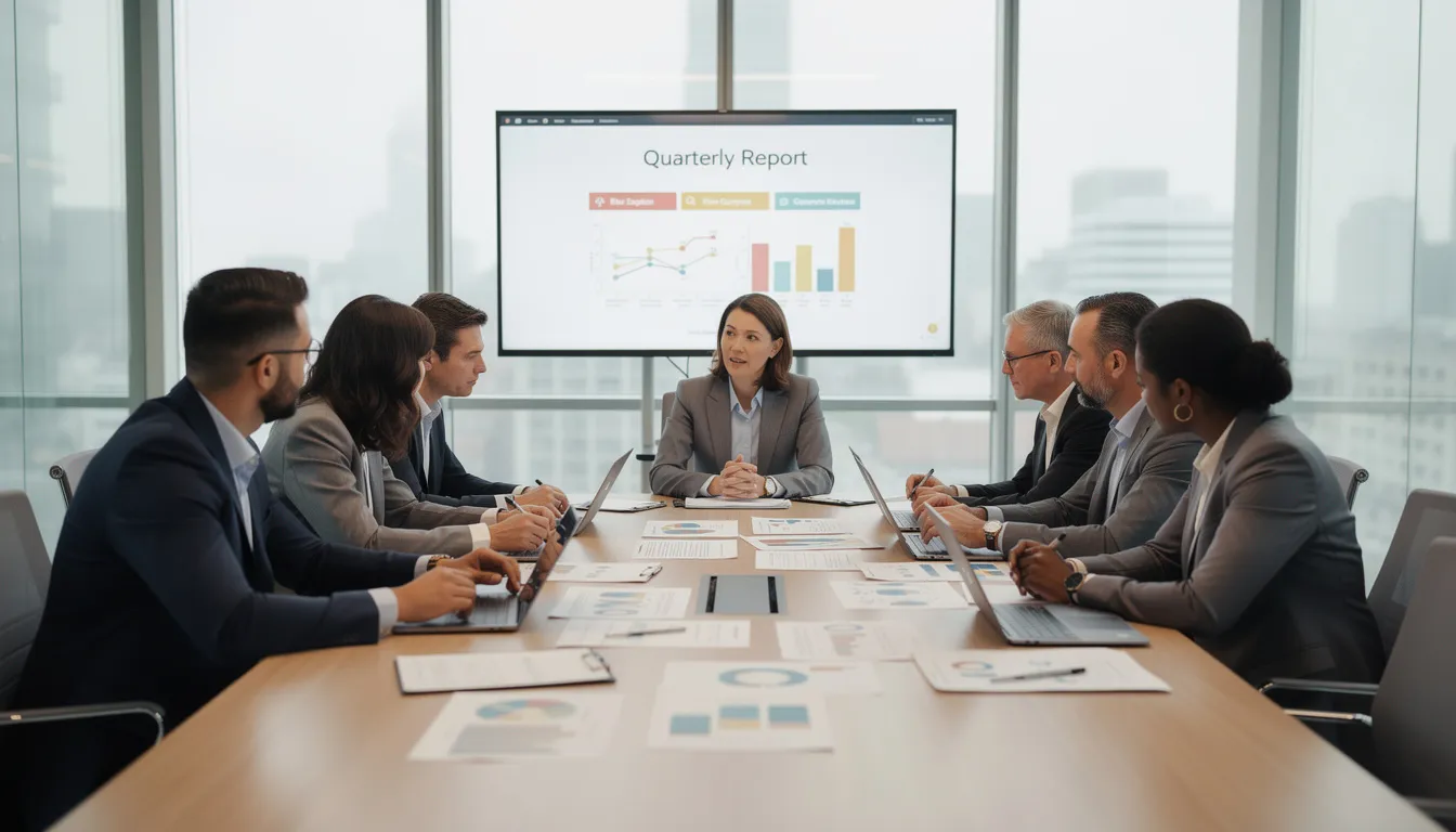 A diverse team of professionals is gathered in a modern meeting room, engaged in a discussion while reviewing various documents. The atmosphere is focused and collaborative, highlighting the importance of obtaining prior express written consent for marketing messages in compliance with the Telephone Consumer Protection Act.