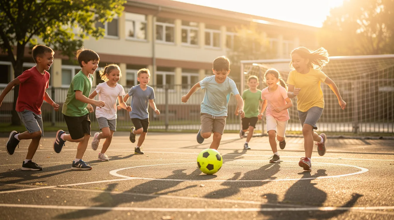 Auf einem Schulhof spielen Kinder in bunten Fußballtrikots in der Nachmittagssonne. Der Teamgeist ist spürbar, während sie miteinander im Mannschaftssport Fußball spielen und sich über das Spiel freuen.