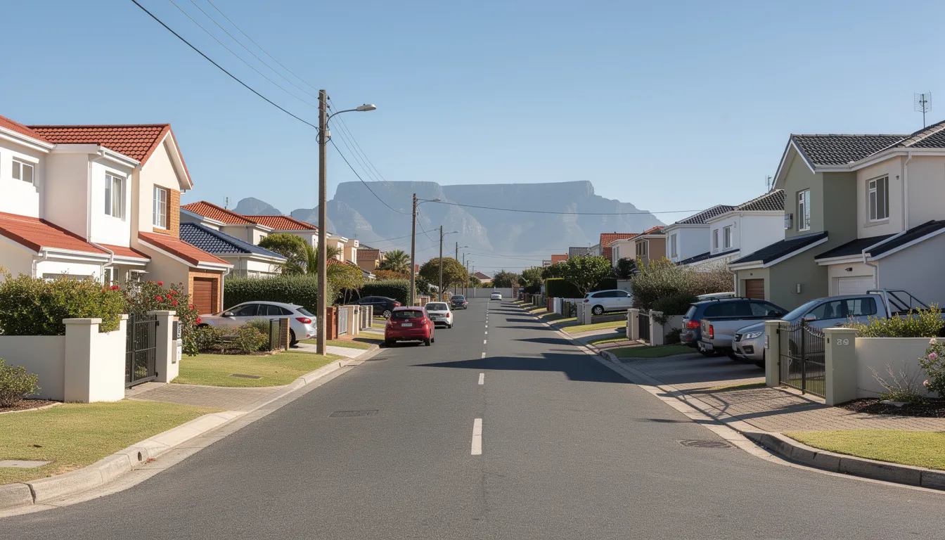 The image depicts a typical residential street in Cape Town, showcasing suburban houses with well-maintained gardens. This neighborhood is a potential area for affordable DSTV installation services, where skilled technicians can assist with installations, repairs, and upgrades for the best viewing experience.