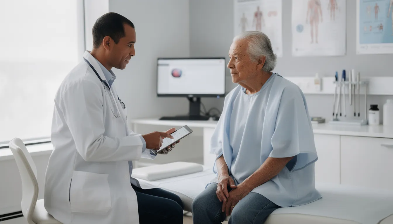 An older adult is discussing health concerns with a healthcare professional in a modern medical office, highlighting the importance of dietary supplements like nicotinamide mononucleotide (NMN) for cellular health and energy production. The consultation focuses on potential benefits such as improved sleep quality and metabolic health, relevant to age-related conditions.