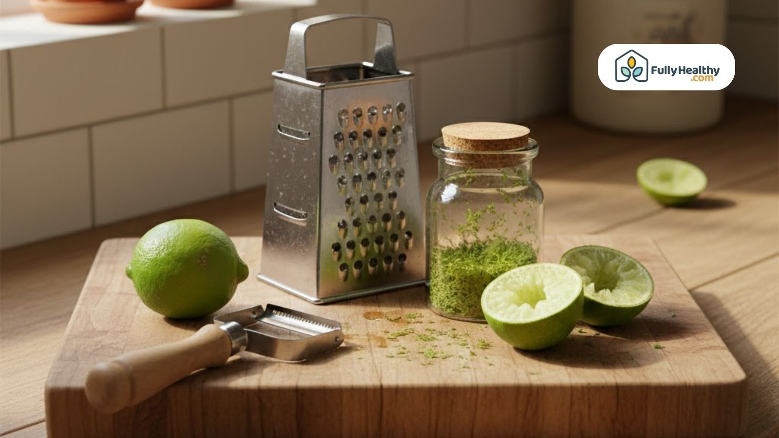 Box grater with lime zest and peeler on wooden cutting board