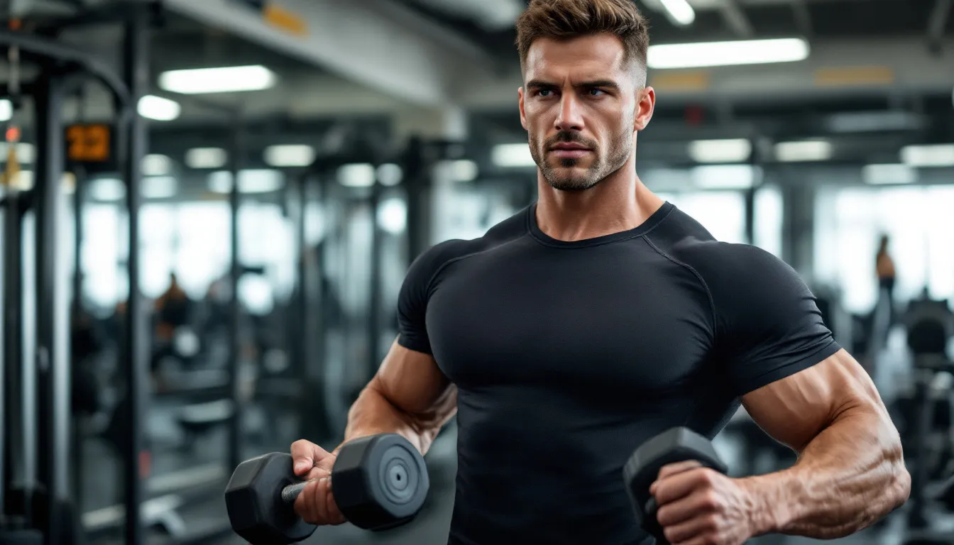 A fit man is exercising with weights, showcasing well-defined chest muscles after undergoing gynecomastia surgery to remove excess breast tissue. His maintained chest definition highlights the effectiveness of male breast reduction surgery in treating enlarged male breasts.