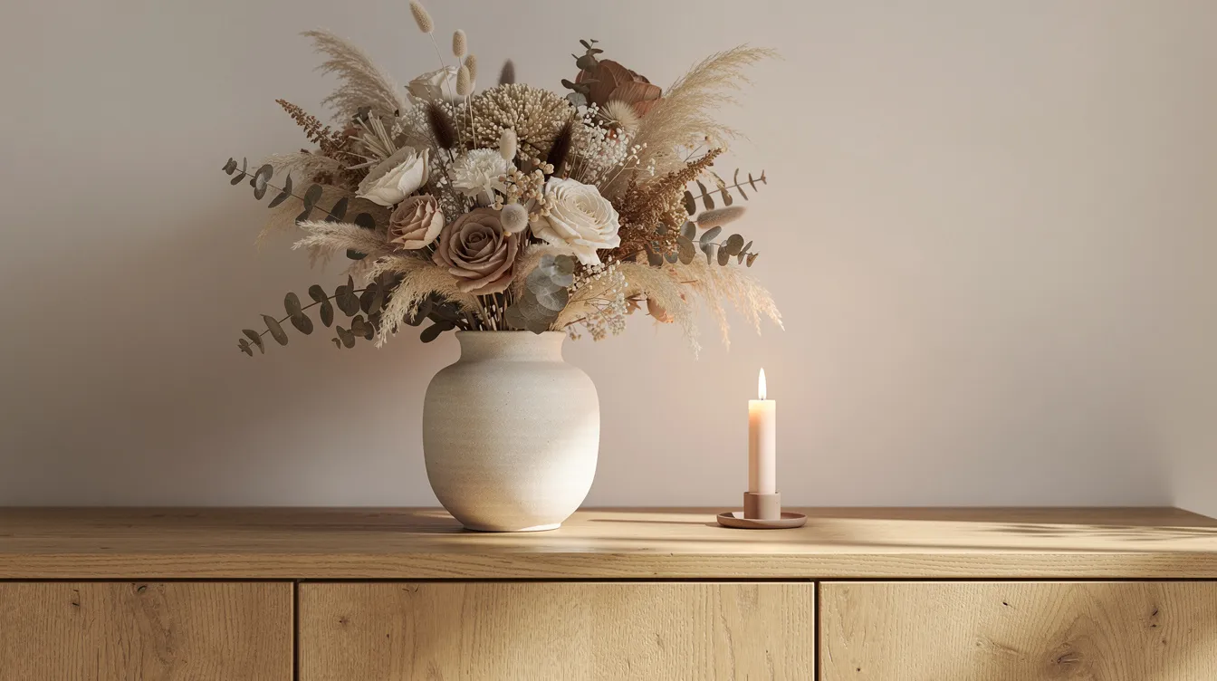 Een keramieken vaas staat op een houten dressoir, gevuld met een vol boeket droogbloemen in neutrale tinten zoals lavendel en eucalyptus. Naast de vaas brandt een kaars, wat een warme en natuurlijke sfeer aan het interieur toevoegt.