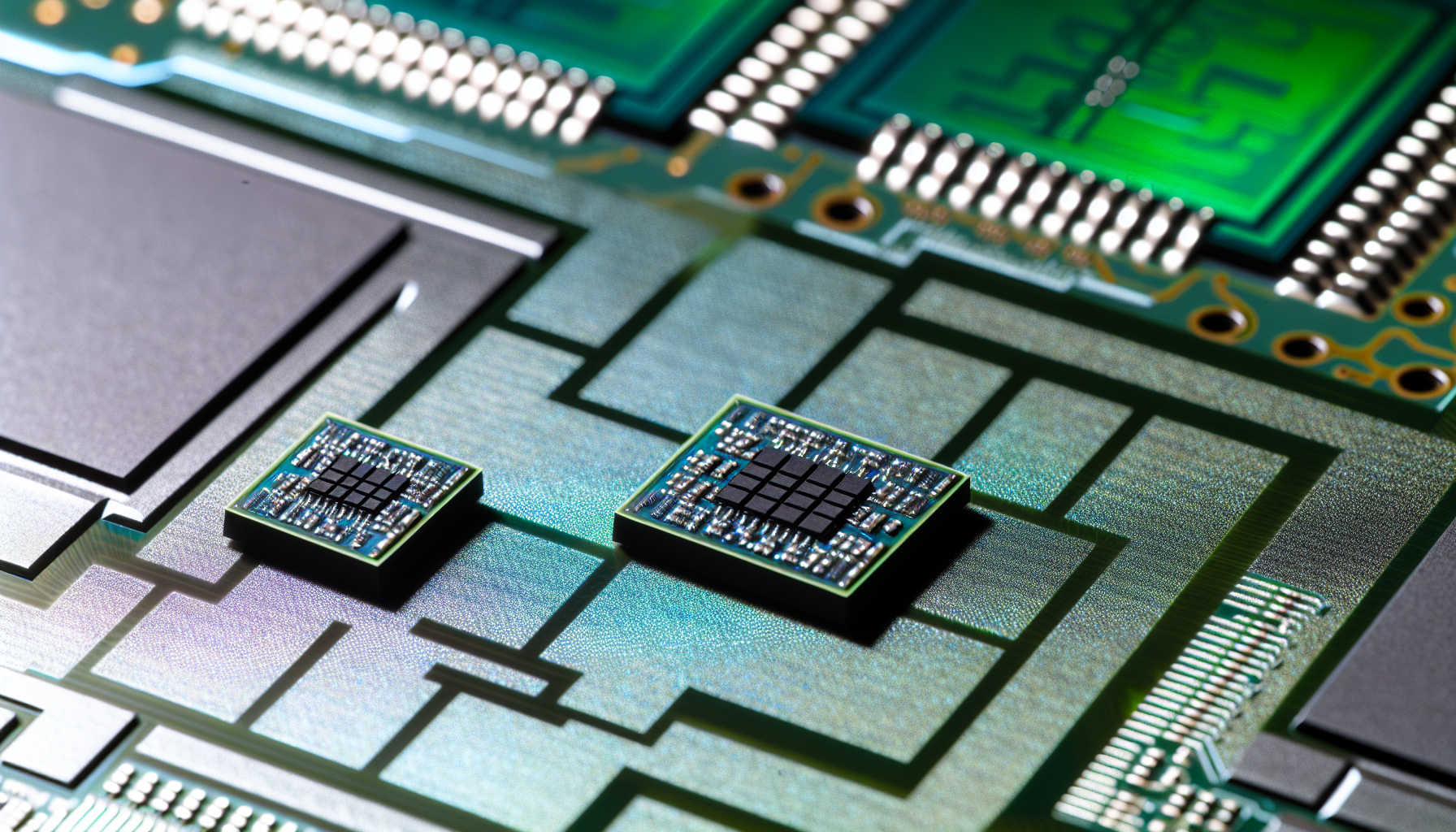 Close-up of advanced semiconductor chips with intricate circuitry