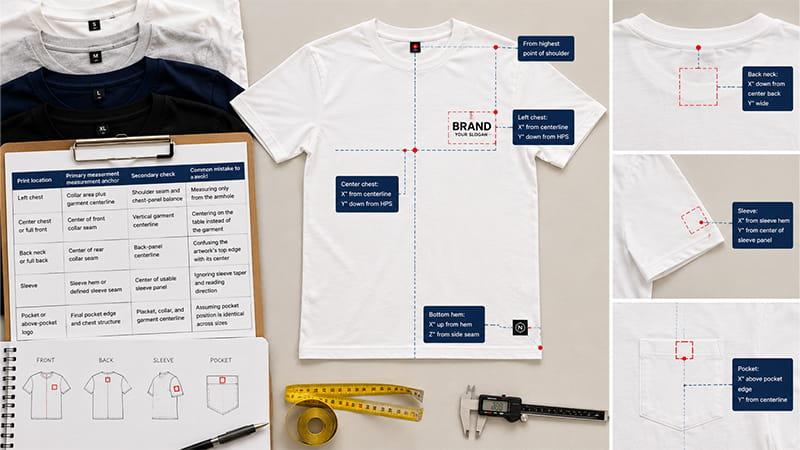 T-shirt logo placement measurement guide showing reference points for left chest, center chest, back neck, sleeve, pocket, and bottom hem