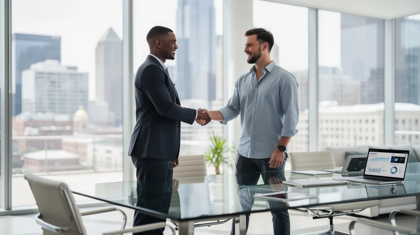 A business professional and a technology advisor are shaking hands in a modern office setting, symbolizing collaboration on a strong cybersecurity strategy to mitigate potential cyber threats. This meeting highlights the importance of thorough risk assessment and the implementation of security measures to protect sensitive data and critical assets.