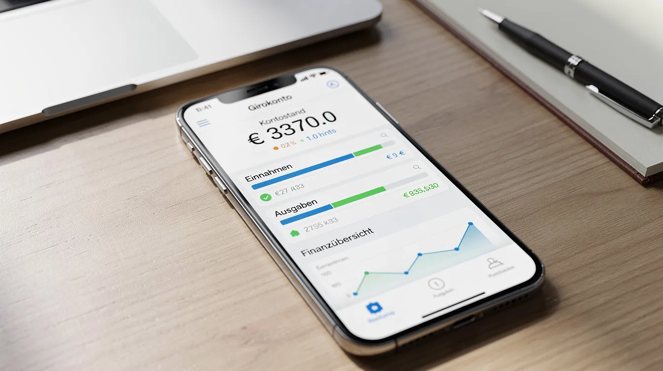 Auf dem Schreibtisch liegt ein Smartphone, das eine Banking-App zeigt. Die Finanzübersicht umfasst Informationen zu Kapitalerträgen, Zinsen und den Sparerpauschbetrag, der für Anleger von Bedeutung ist.