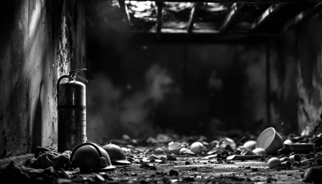 An image showing a fire extinguisher and protective gear in a kitchen setting, emphasizing safety after a kitchen fire.