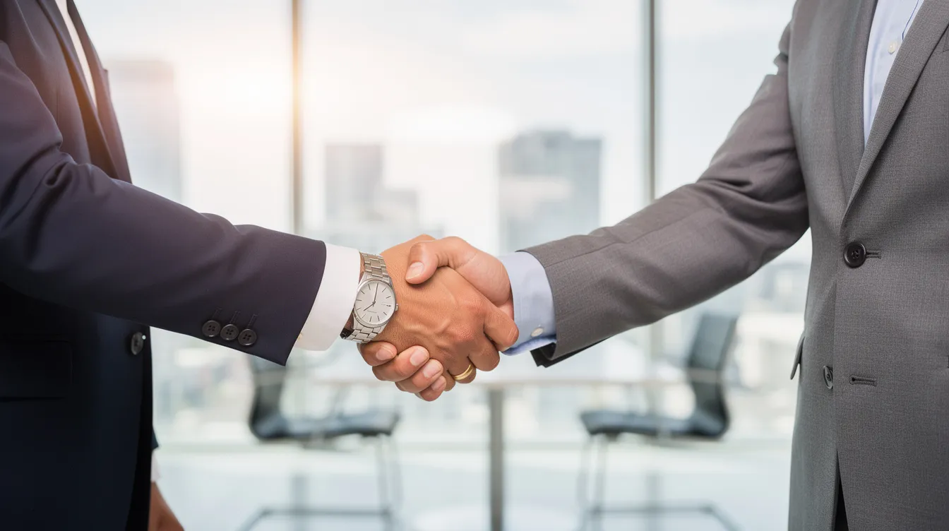 The image depicts a professional handshake between two business people, symbolizing a successful agreement or partnership in the construction industry. This moment reflects the importance of licensed contractors working under the oversight of the Contractors State License Board (CSLB) to protect California consumers and ensure the general welfare of the public.