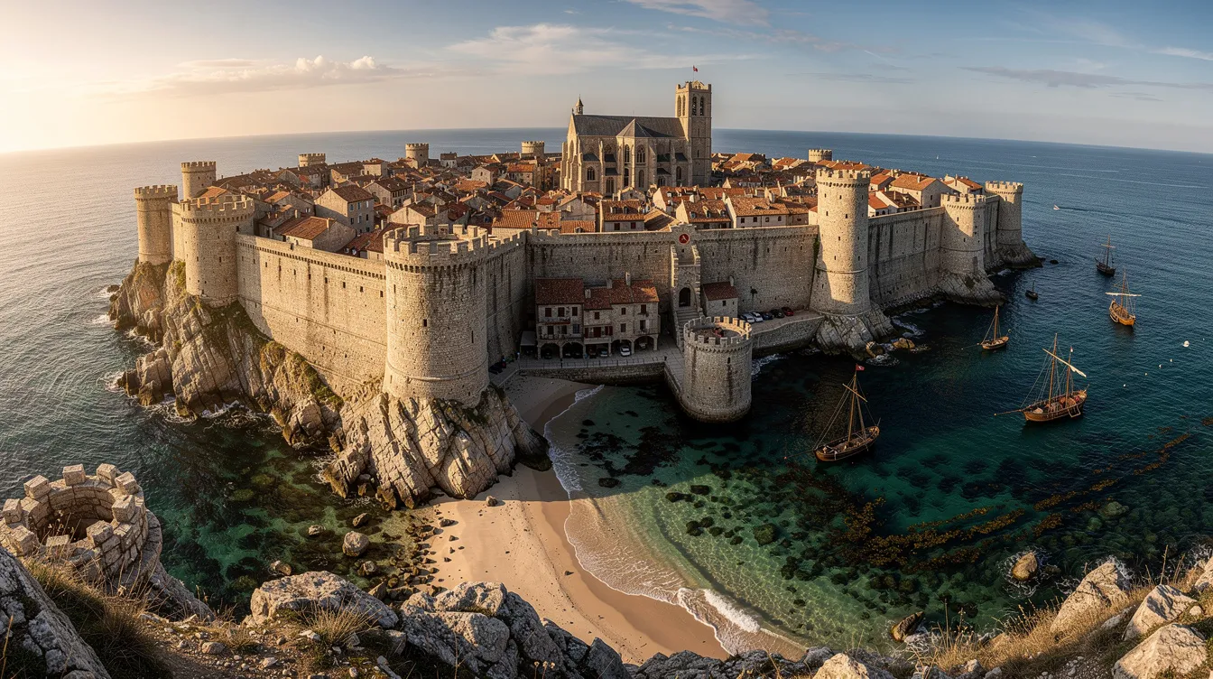 Vista panorâmica de uma cidade medieval à beira do mar, com imponentes muralhas antigas que cercam o local, refletindo a rica história da Croácia, enquanto as águas cristalinas do Mar Adriático se estendem à frente. A imagem captura a beleza do clima mediterrâneo e a cultura vibrante da região.