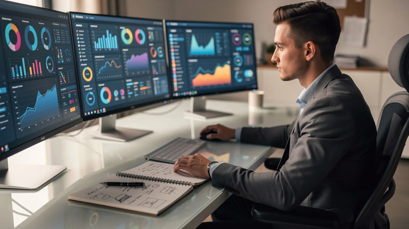 A young professional sits at a desk surrounded by multiple monitors displaying colorful data dashboards related to digital marketing campaigns. In front of them, a notebook filled with handwritten notes reflects their engagement in social media marketing strategies and the development of a successful content marketing strategy.