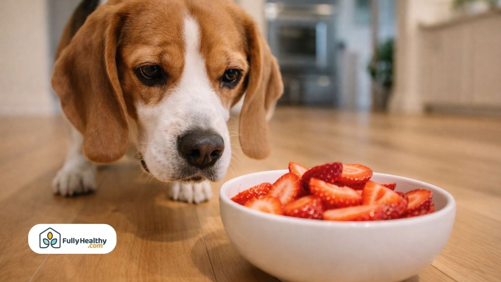 Beagle sniffing bowl of sliced strawberries on kitchen floor