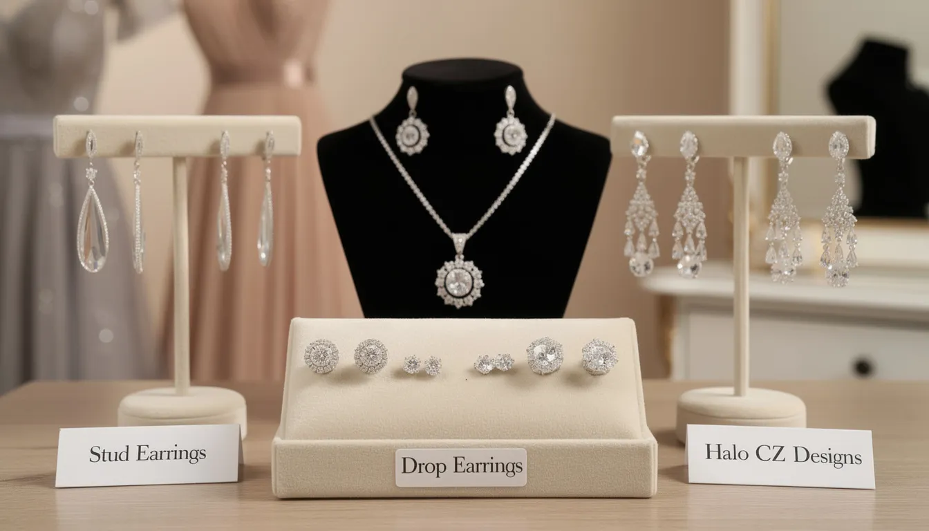 The image showcases a stunning collection of earrings, including classic stud earrings made with cubic zirconia, alongside elegant drop and dangle earrings that feature intricate designs and movement. This versatile jewellery set is perfect for any occasion, from casual daily wear to formal events, and highlights the brilliance of both cubic zirconia and diamond stones.