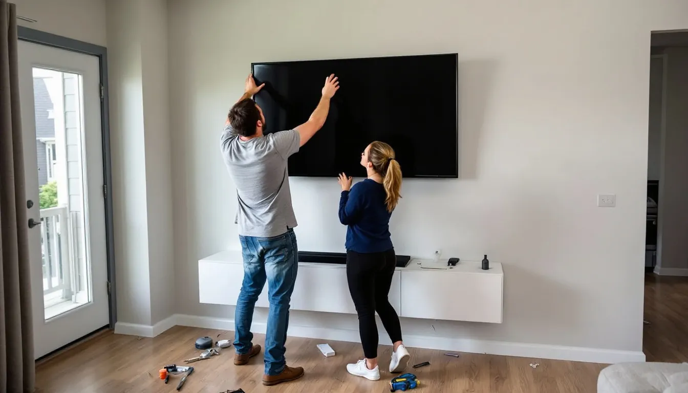 Twee mensen zijn bezig met het installeren van een screen op een kozijn, waarbij ze samenwerken om het doek op de juiste manier te monteren. De installatie vereist precisie en teamwork, met aandacht voor de juiste plaatsing van de kunststof kozijnen en de benodigde schroeven.