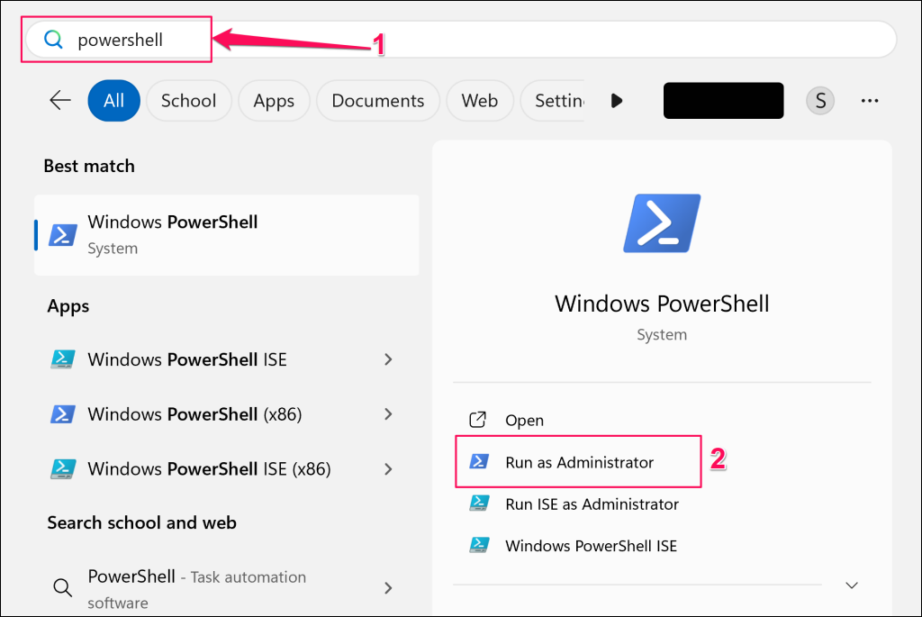 Steps to run Windows PowerShell as an administrator in the Windows Start menu 