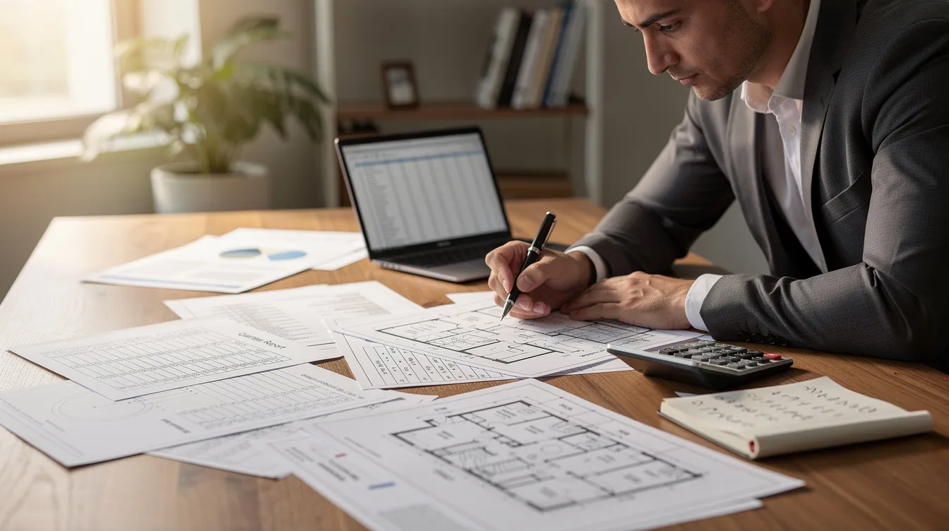 The image depicts a person analyzing financial documents and architectural blueprints laid out on a large desk, likely related to real estate deals. This scene suggests the individual is engaged in asset based lending, possibly reviewing terms for a hard money loan or investment property loans.