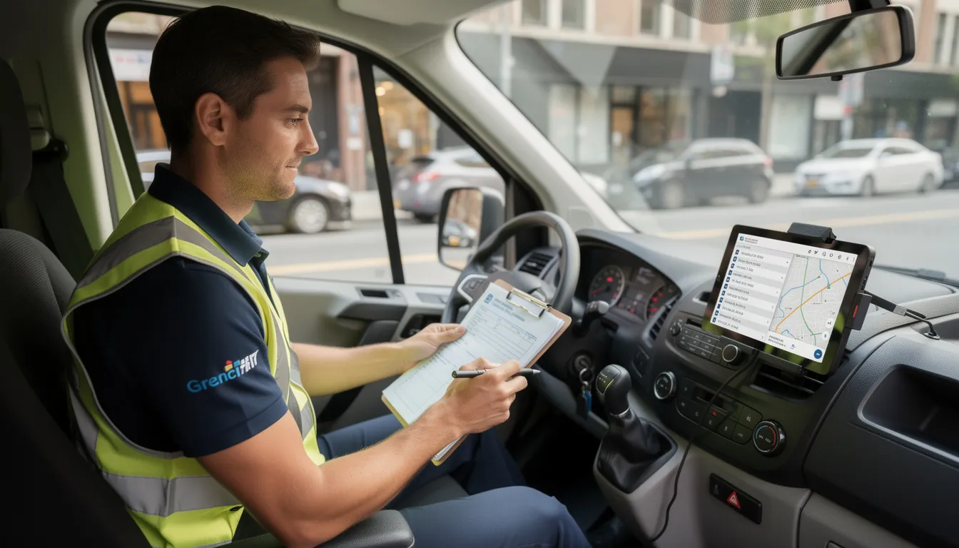 A delivery driver is seated in their vehicle, reviewing paperwork and route information, which is essential for their job as an independent contractor. This scene highlights the importance of proper planning and organization in their work environment, as well as the need for workers compensation insurance to cover any potential workplace injuries.