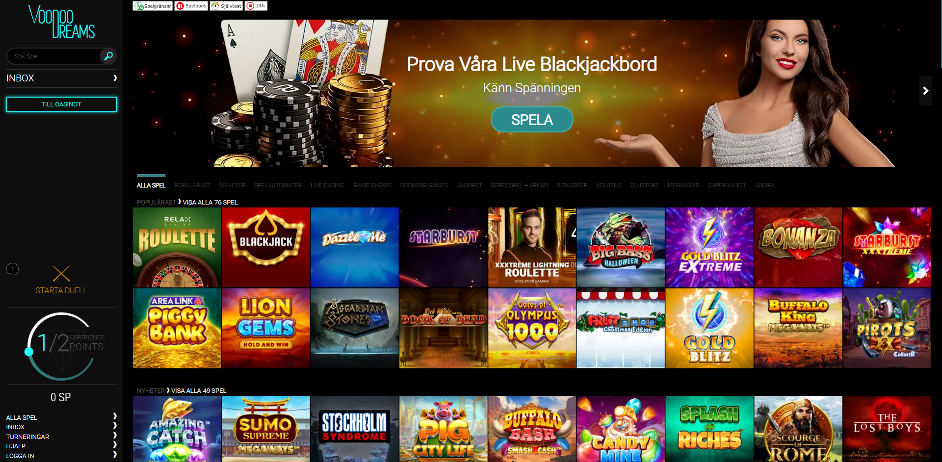 VoodooDreams utbud av spel är stort men enkelt att ortera tack vare olika kategorier