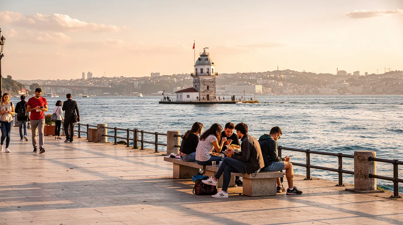 En el paseo marítimo de Üsküdar, se pueden ver personas sentadas disfrutando de las vistas del Bósforo, con la icónica Torre de la Doncella al fondo. Este lugar, situado en la parte asiática de Estambul, es un punto de encuentro popular para turistas y habitantes locales.