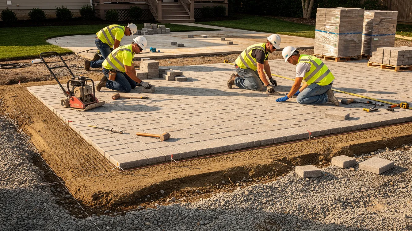 A team of workers is engaged in a professional hardscape installation, carefully laying pavers on a well-graded and compacted base, showcasing the process of creating a durable and beautiful outdoor space. This construction project highlights the importance of quality materials and skilled labor in enhancing the aesthetics of a backyard or patio area.