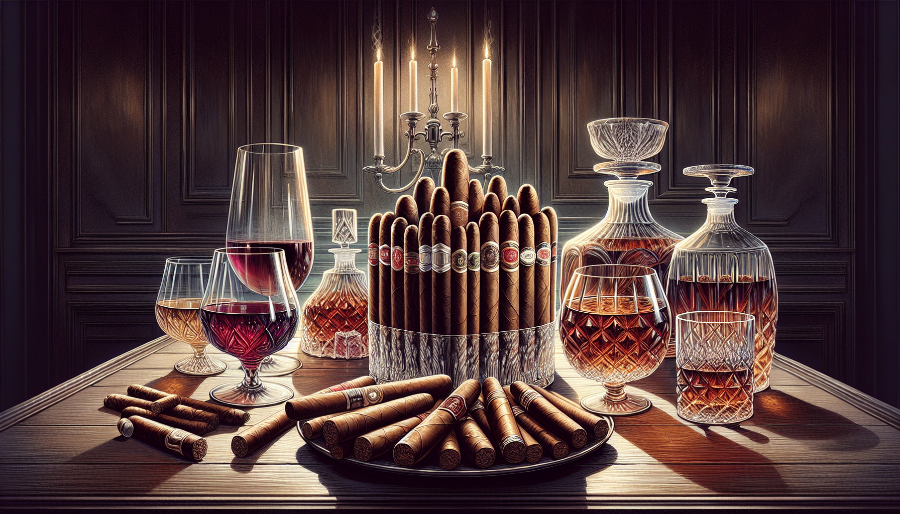 Illustration of a table with cigars, glasses of wine, and spirits, depicting cigar pairings