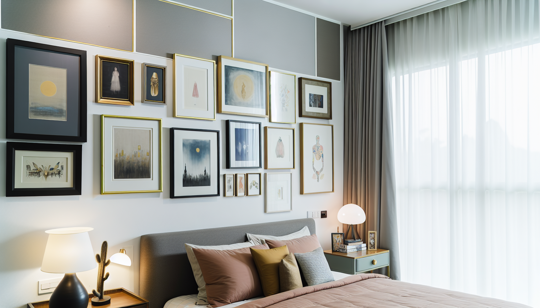 Cohesive gallery wall with artwork in a bedroom