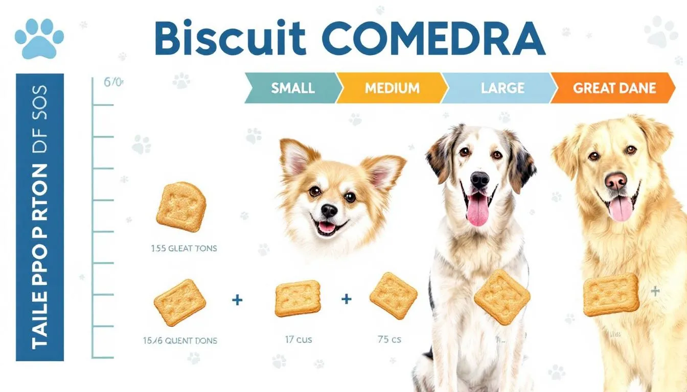 A size comparison chart illustrates the appropriate biscuit portions for different sized dogs, helping pet owners determine how many tasty treats to give their furry friends. It emphasizes the importance of balanced diets and avoiding harmful ingredients in homemade dog biscuits and treats.