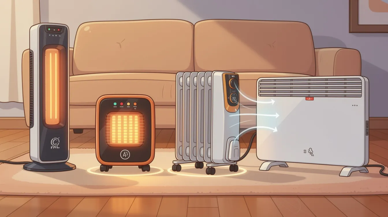 An image showing various space heaters with safety features highlighted, such as automatic shutoff and tip-over switches.