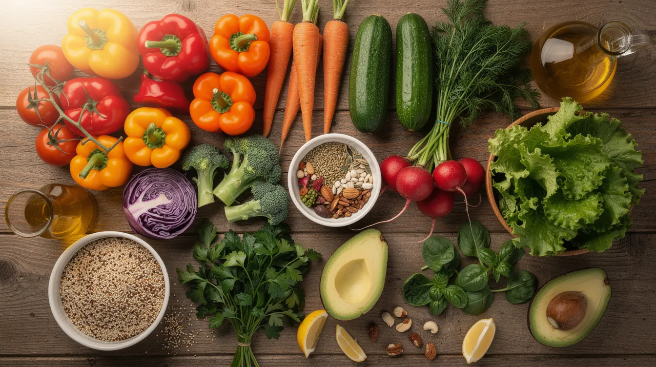 The image features a vibrant arrangement of colorful vegetables and healthy foods on a rustic wooden table, emphasizing nutrition and wellness. This display highlights the potential health benefits of a diet rich in antioxidants and anti-inflammatory ingredients, which may support the immune system and combat chronic inflammation associated with conditions like rheumatoid arthritis and heart disease.