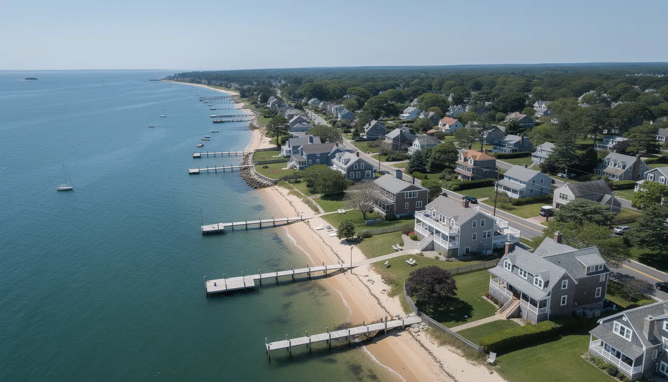 An aerial view of the Madison, Connecticut shoreline showcases beautiful beaches and residential homes nestled along the coast, highlighting the area's appeal for buyers and its vibrant neighborhoods. This picturesque location reflects the demand for properties in Madison CT, where the median sale price and market activity are influenced by the stunning views and community amenities.