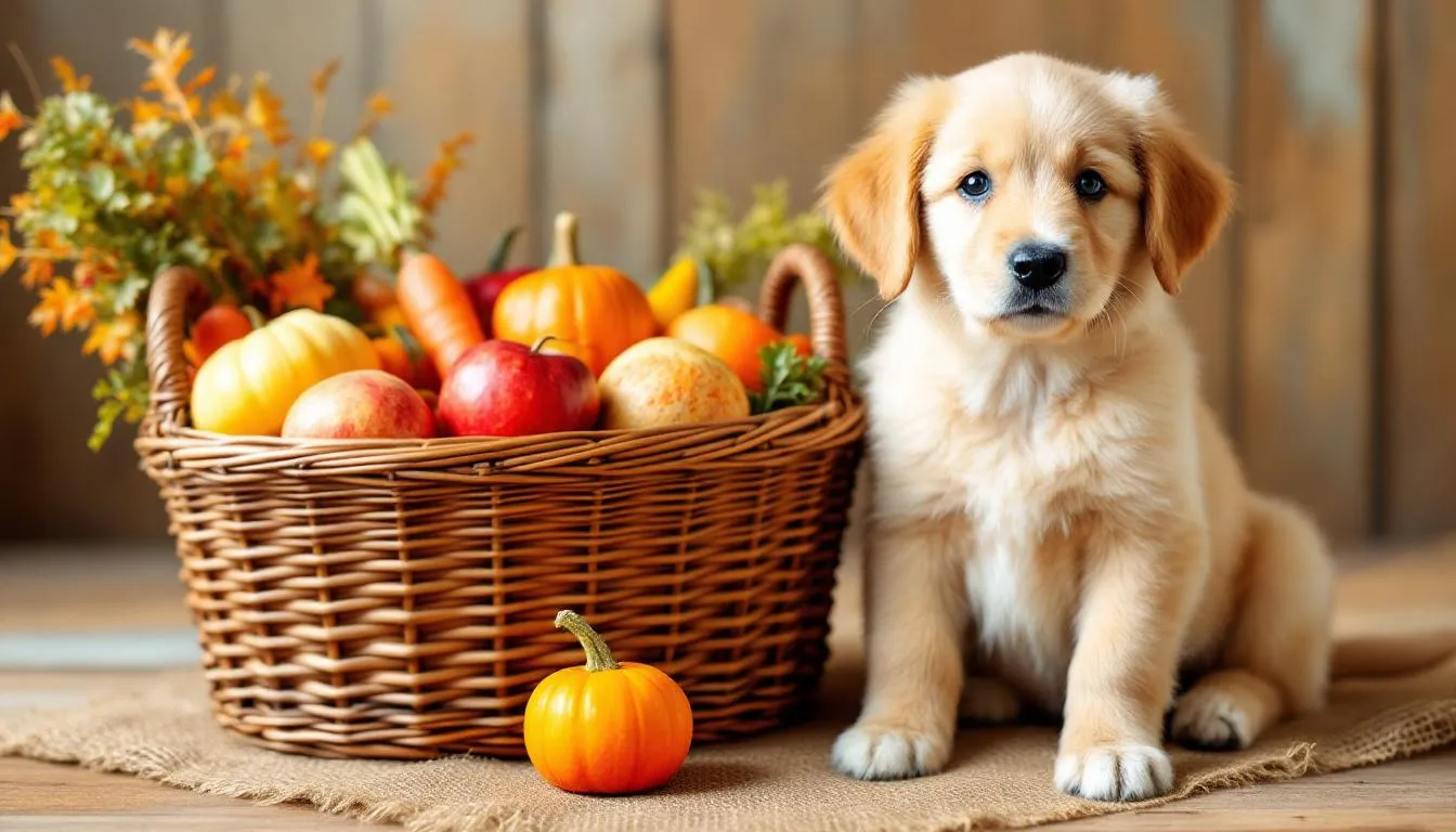An adorable puppy sits beside a basket filled with vibrant autumn harvest vegetables and fruits, surrounded by brightly colored leaves that embody the cozy essence of fall. This furry friend captures the spirit of the season, making it a perfect moment for those considering cute fall dog names.
